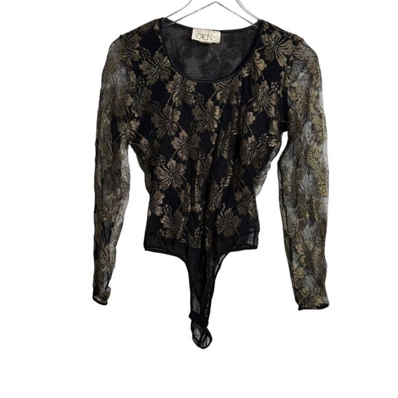 CACHE Size large bodysuit vintage 80's semi sheer black gold long sleeve top - Picture 2 of 6